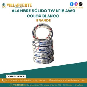 ALAMBRE SÓLIDO TW N°18 AWG COLOR BLANCO BRANDE