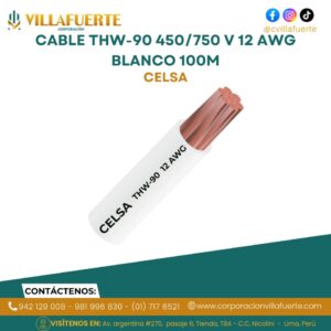 Cable THW-90 450/750 V 12 AWG Celsa Blanco 100m